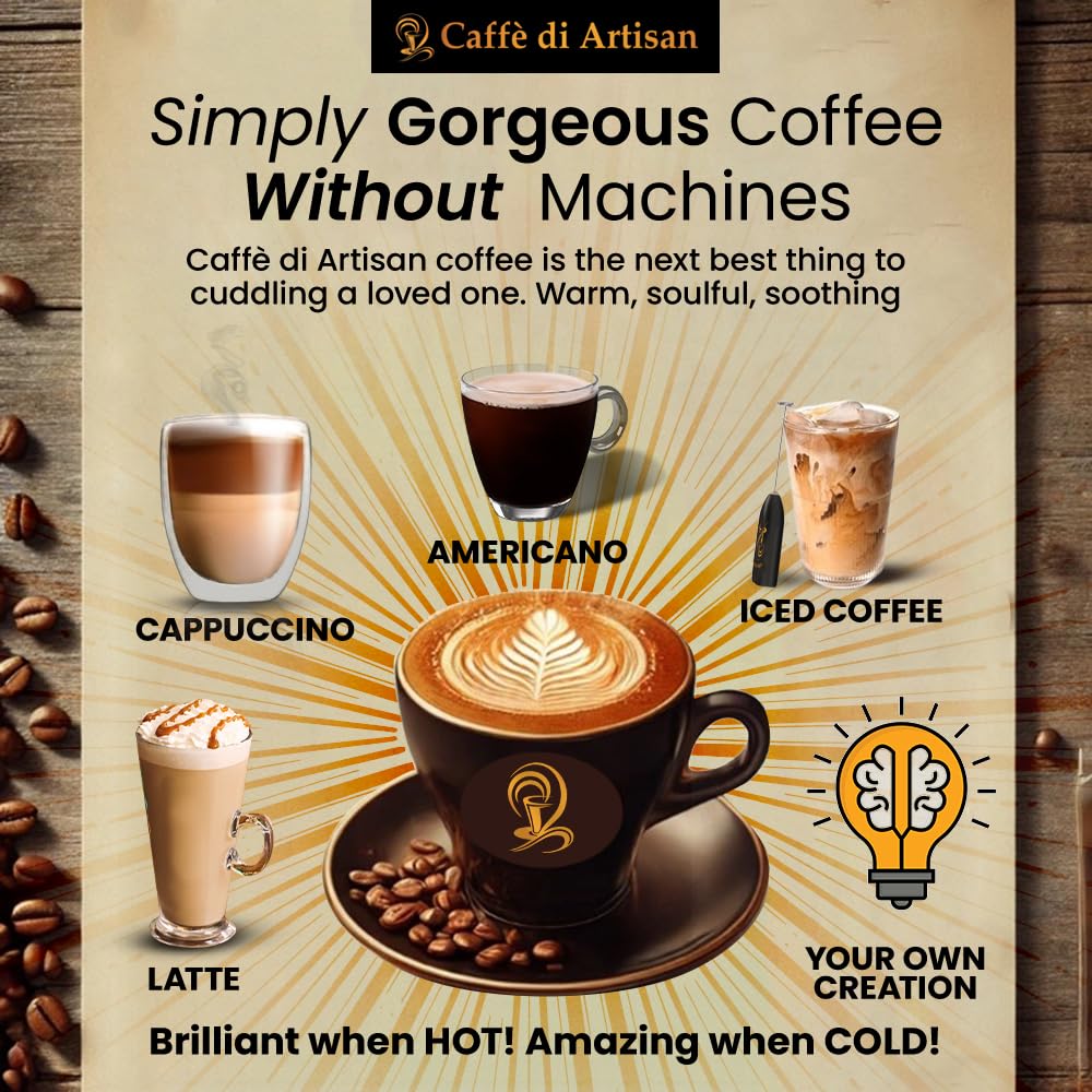 Caffè di Artisan Liquid Coffee Pods – Premium Single-Serve Coffee for Cold Brew concentrate, Iced Coffee & Hot Coffees – Machine-Free, Eco-Friendly, Ready in Seconds. Rich; Asmara with Frother; Arabica; Medium Roast – 24 Count