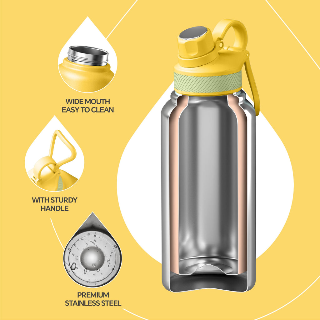 IDEUS 32oz Stainless Insulated Bottle with 2 Leak-Proof Lids, Bright Yellow