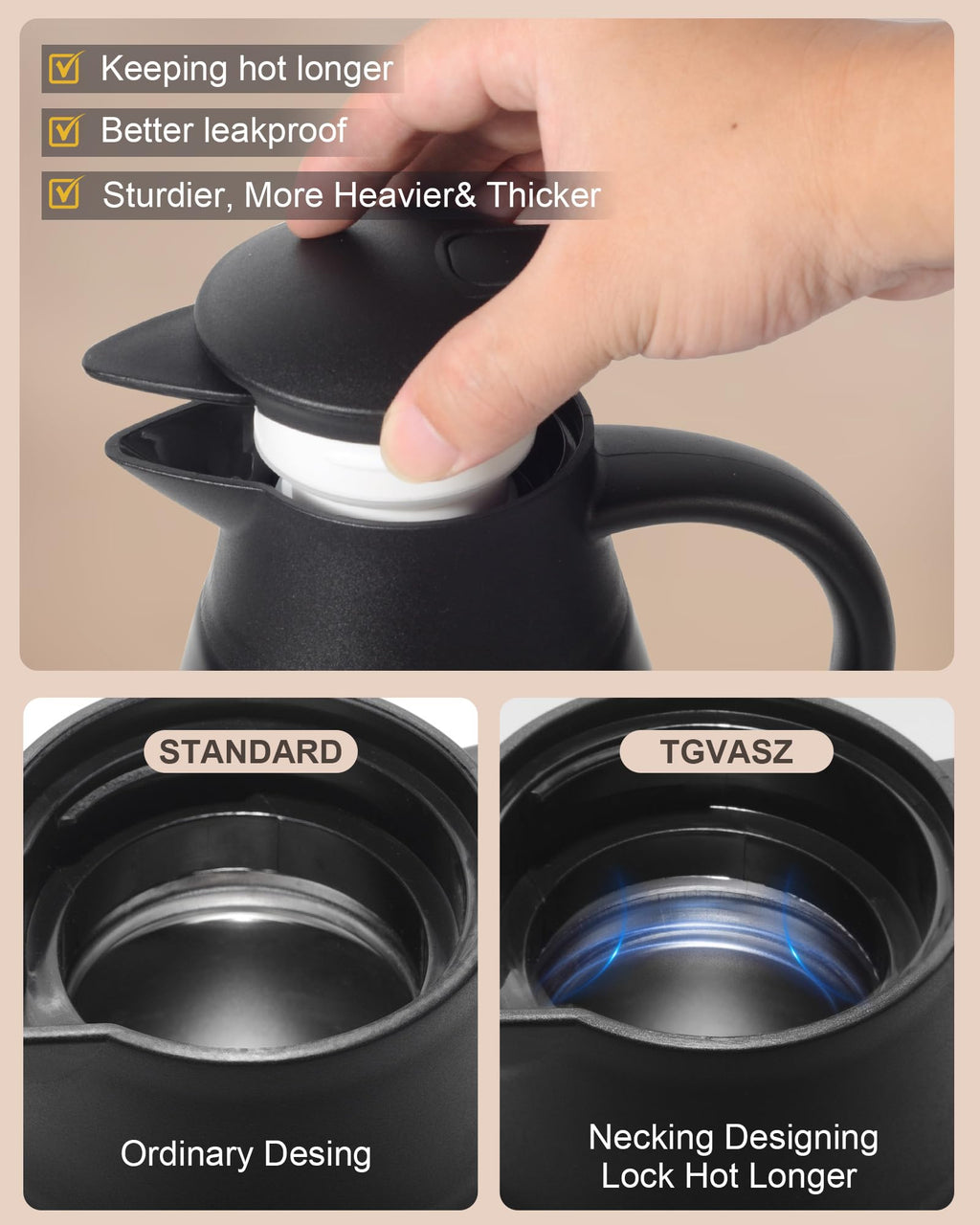 70oz Thermal Coffee Carafe for keeping hot,Updated Carafes for hot liquid, Stainless Steel Insulated Thermal Pot for Coffee, Hot Water,Keep Hot 12 Hours (Black 2.1 L)