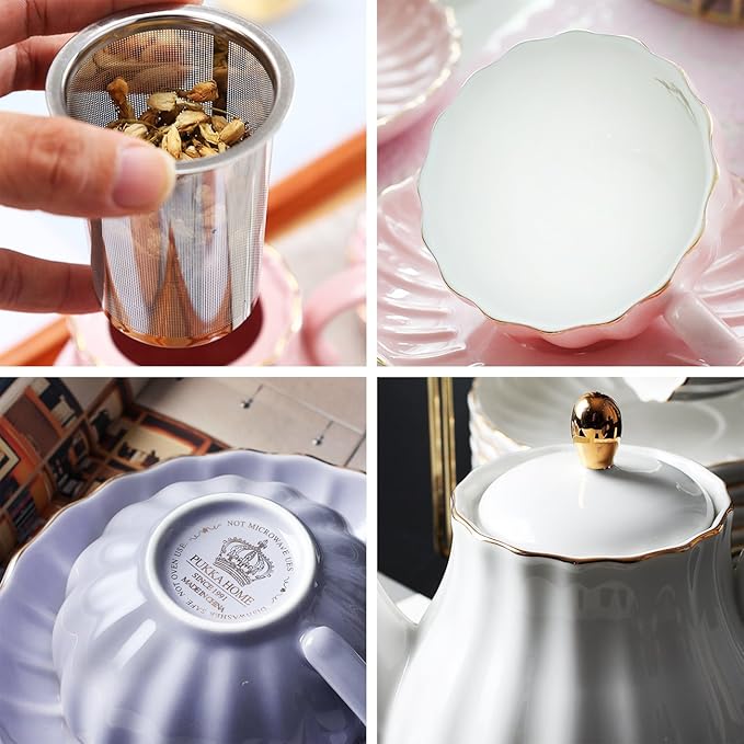 Sweejar Porcelain Tea Sets British Royal Series, 8 OZ Cups & Saucer Service for 6, with Teapot Sugar Bowl Cream Pitcher Teaspoons and Tea Strainer, Suitable for High Tea, Wedding, Party (Pink)