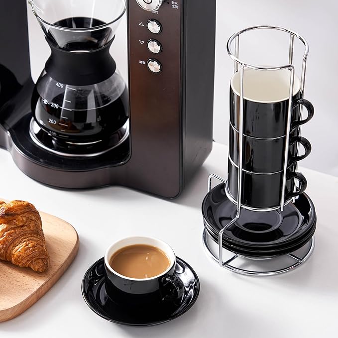 2.5 Ounce Porcelain Espresso Cups with Saucers and Silver Stand, Black Stackable Cups Set of 4