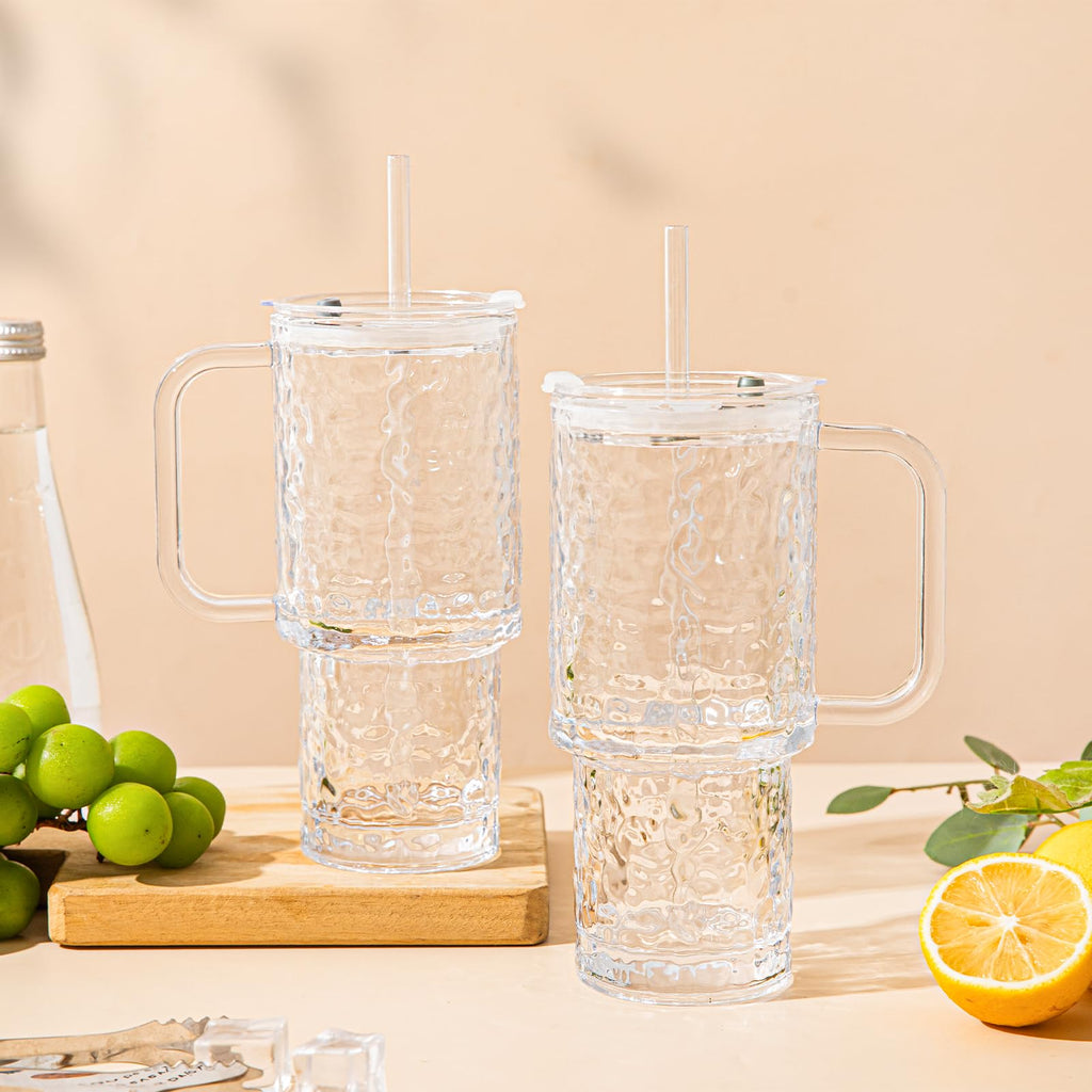 SoulTimes 26oz Water Ripple Glass Tumbler with Handle & Lid, Reusable Iced Coffee Cups with Straws – Set of 2, Glass Cups for Smoothies, Juice, Coffee, Tea – Travel Mugs for Daily Use