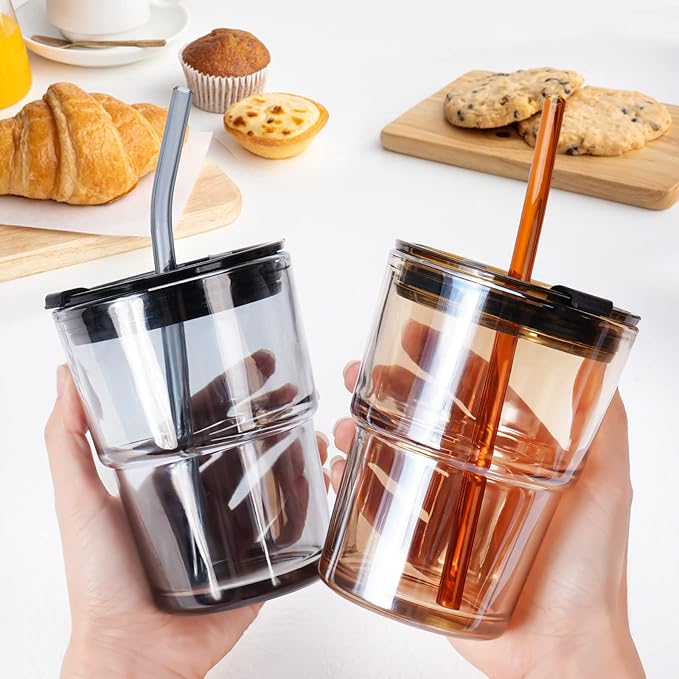 Iced Coffee Cup, 15Oz/450ml Glass Cups With Lids And Straws, Iced Coffee Glasses Tumbler, Thick Wall Glass Mug For Tea Water With 2 Straw And Leather Sleeve, Xmas Gifts (Amber 2PCS)