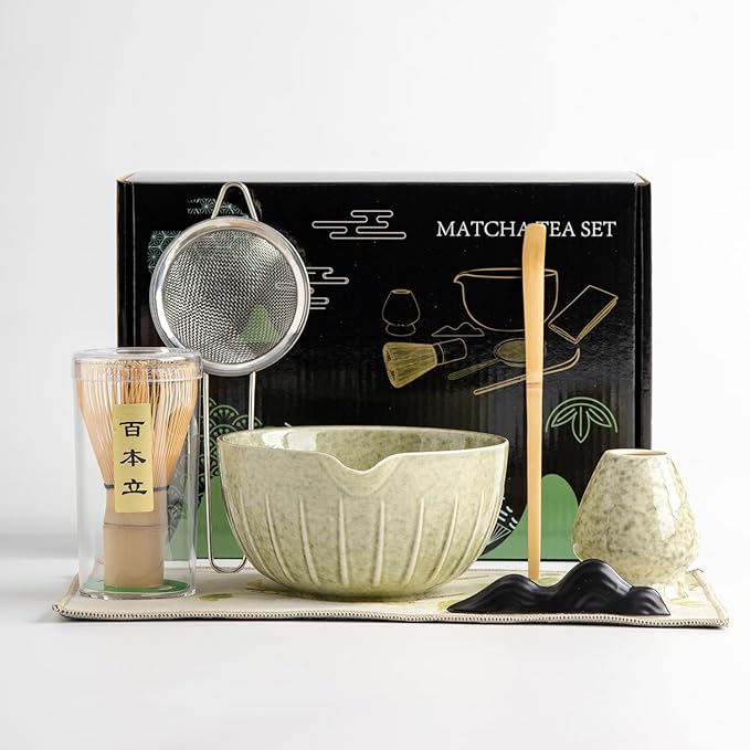 Japanese Matcha Ceremony Accessory, Matcha Whisk, Traditional Scoop (Chashaku), Tea Spoon, Whisk Holder, 1 tea bowl, 1 tea siev, The Perfect Set to Prepare a Traditional Cup of Matcha. (waitu001)