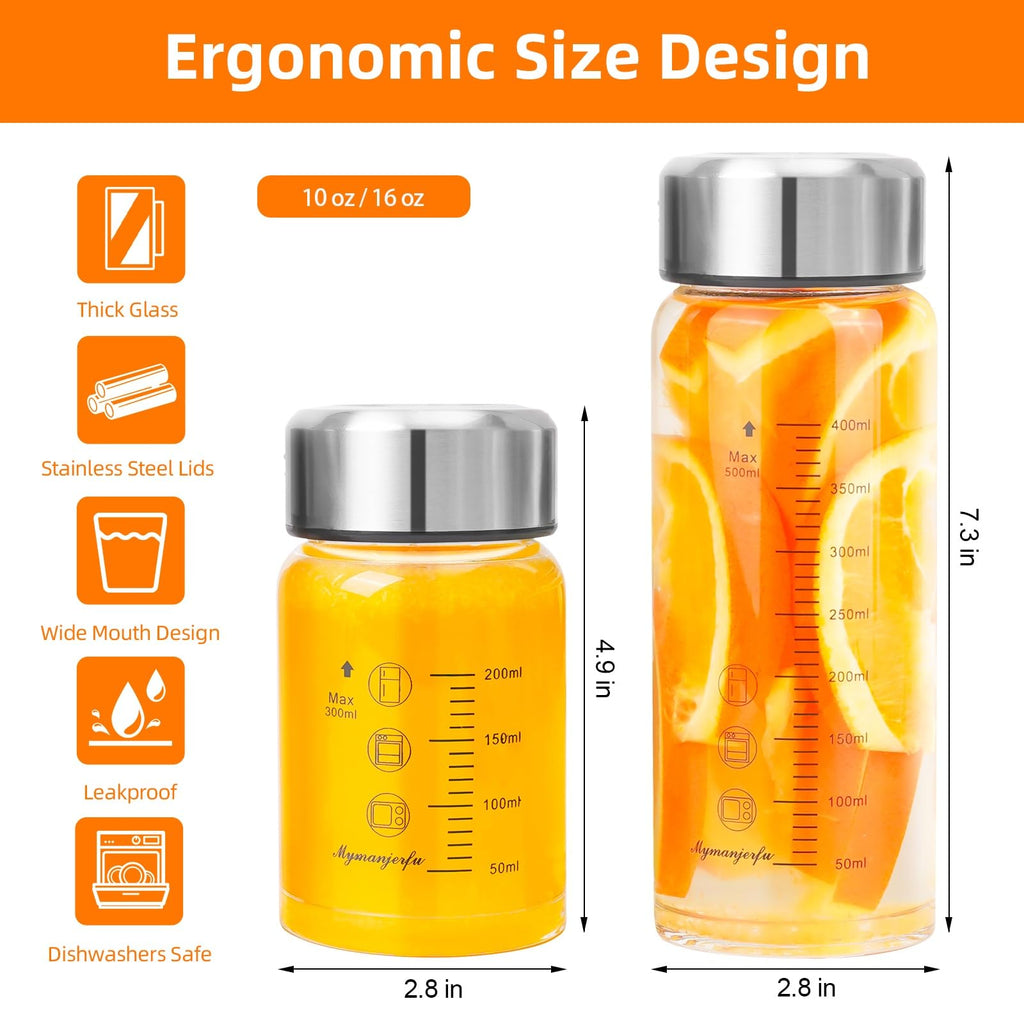 Glass Juice Bottles 4 Pack 10 oz - Wide Mouth Glass Water Bottles with Lids - for Juicing, Smoothies, Milk, Protein, BPA Free, Reusable, Stainless Steel Lids, Leak Proof, Shaker bottle (300 ml)