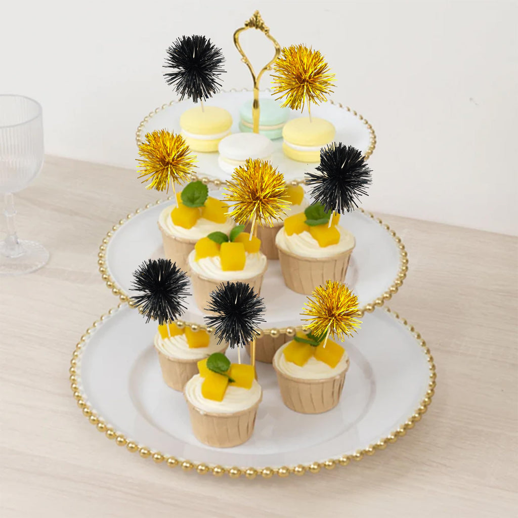 Ephlyn 30Pcs Foil Firework Cupcake Toppers Sparkle Tinsel Cupcake Picks Happy Birthday Cake Decorations Drink Stirrers Cocktail Food Toothpicks for Baby Shower Graduation Party Supplies Black Gold