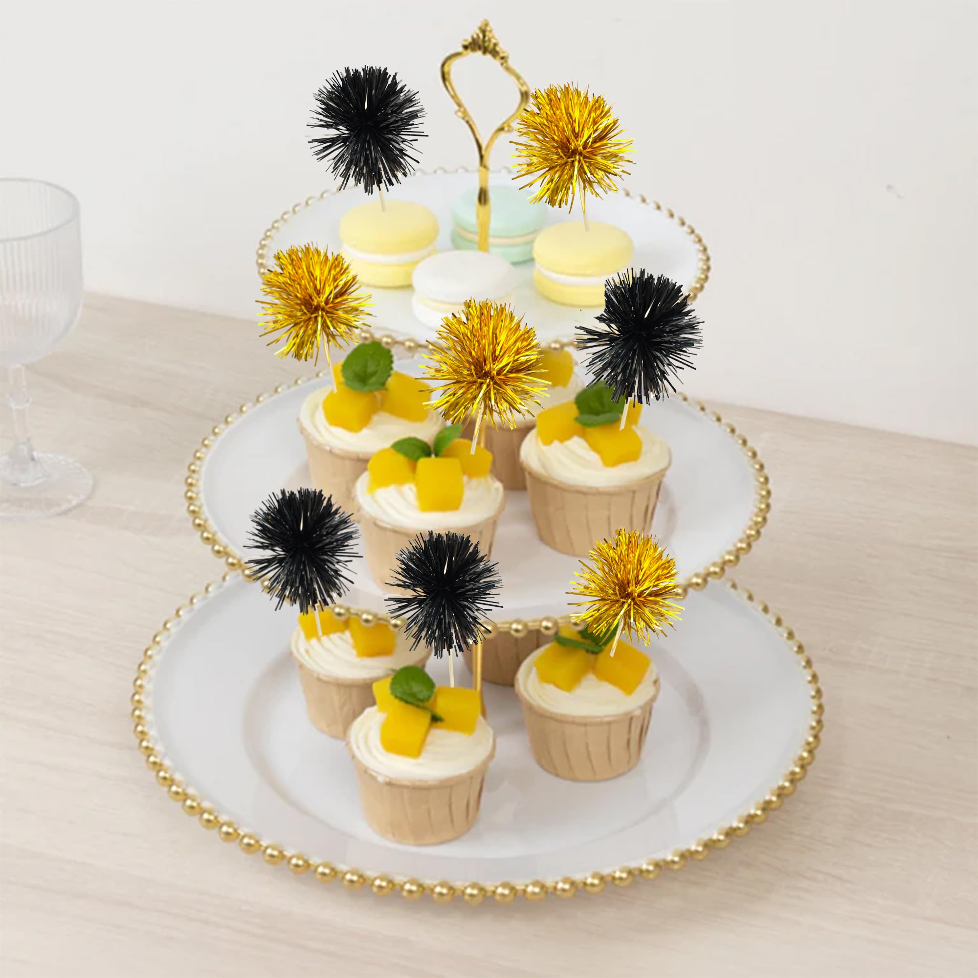 Ephlyn 30Pcs Foil Firework Cupcake Toppers Sparkle Tinsel Cupcake Picks Happy Birthday Cake Decorations Drink Stirrers Cocktail Food Toothpicks for Baby Shower Graduation Party Supplies Black Gold