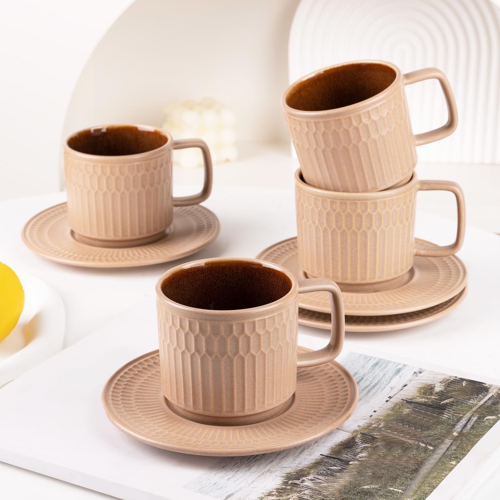 WHITEPEONY 8oz Cappuccino Cups with Saucers Set of 4, 8 Ounce Stackable Embossed Ceramic Coffee Mugs for Specialty Coffee Drinks, Latte Mugs, Cafe Mocha and Tea, Dishwasher & Microwave Safe (Brown)