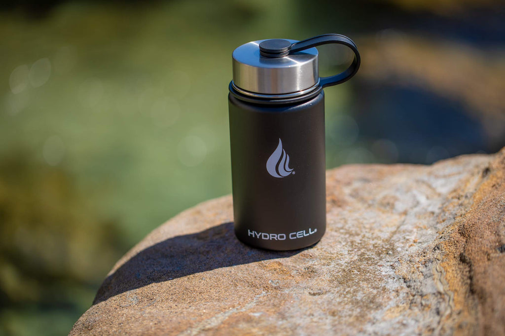 HYDRO CELL Stainless Steel Insulated Water Bottle with Straw - For Cold & Hot Drinks - Metal Vacuum Flask with Screw Cap and Modern Leakproof Sport Thermos for Adults (Black 14oz)