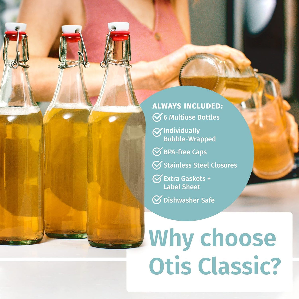 Otis Classic Clear Swing Top Glass Bottles, Plastic Caps, Set of 6, 16oz