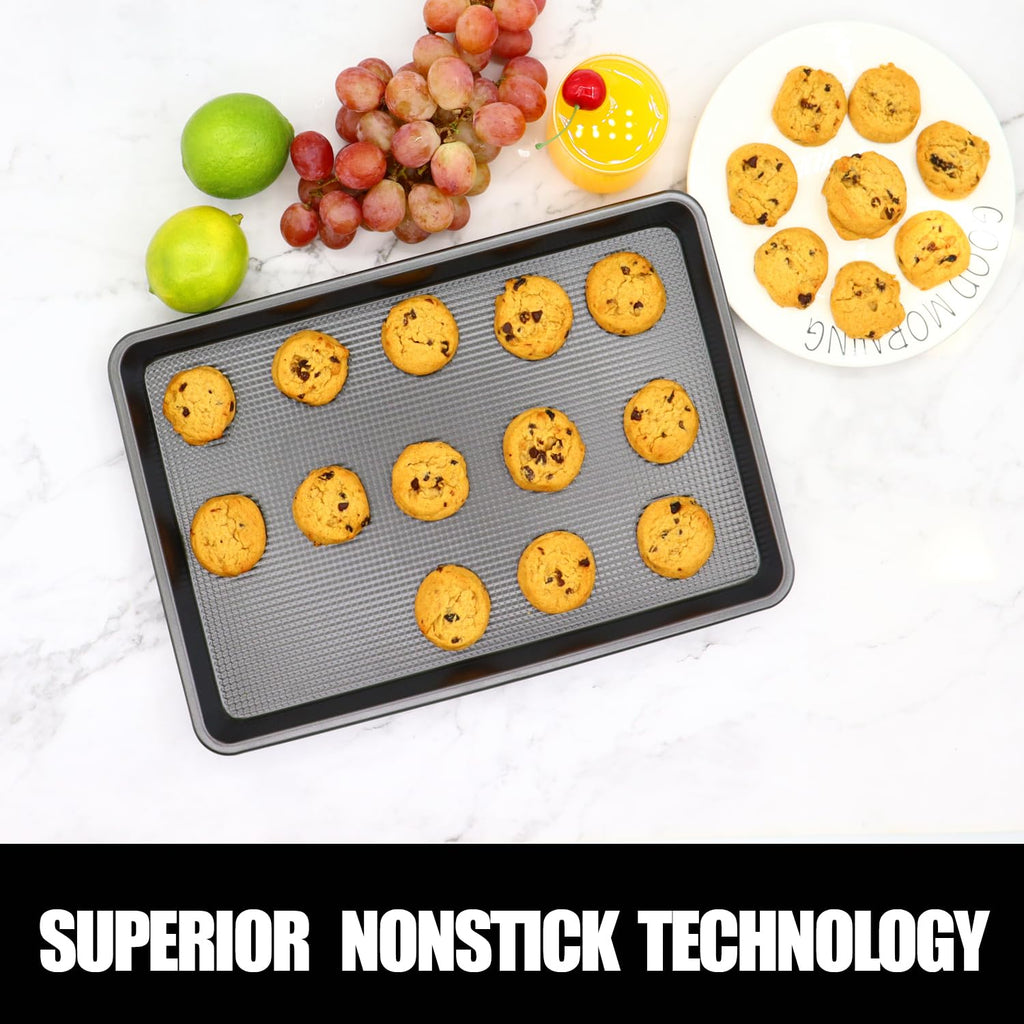 JOHO BAKING Cookie Sheets for Baking Nonstick, 2 Pack Heavy Duty 0.8mm Dark Gray Sheet Pan Set Quarter(9x13in) & Jelly Roll(10x15in), Diamond Textured Commercial Grade, Small Oven Safe