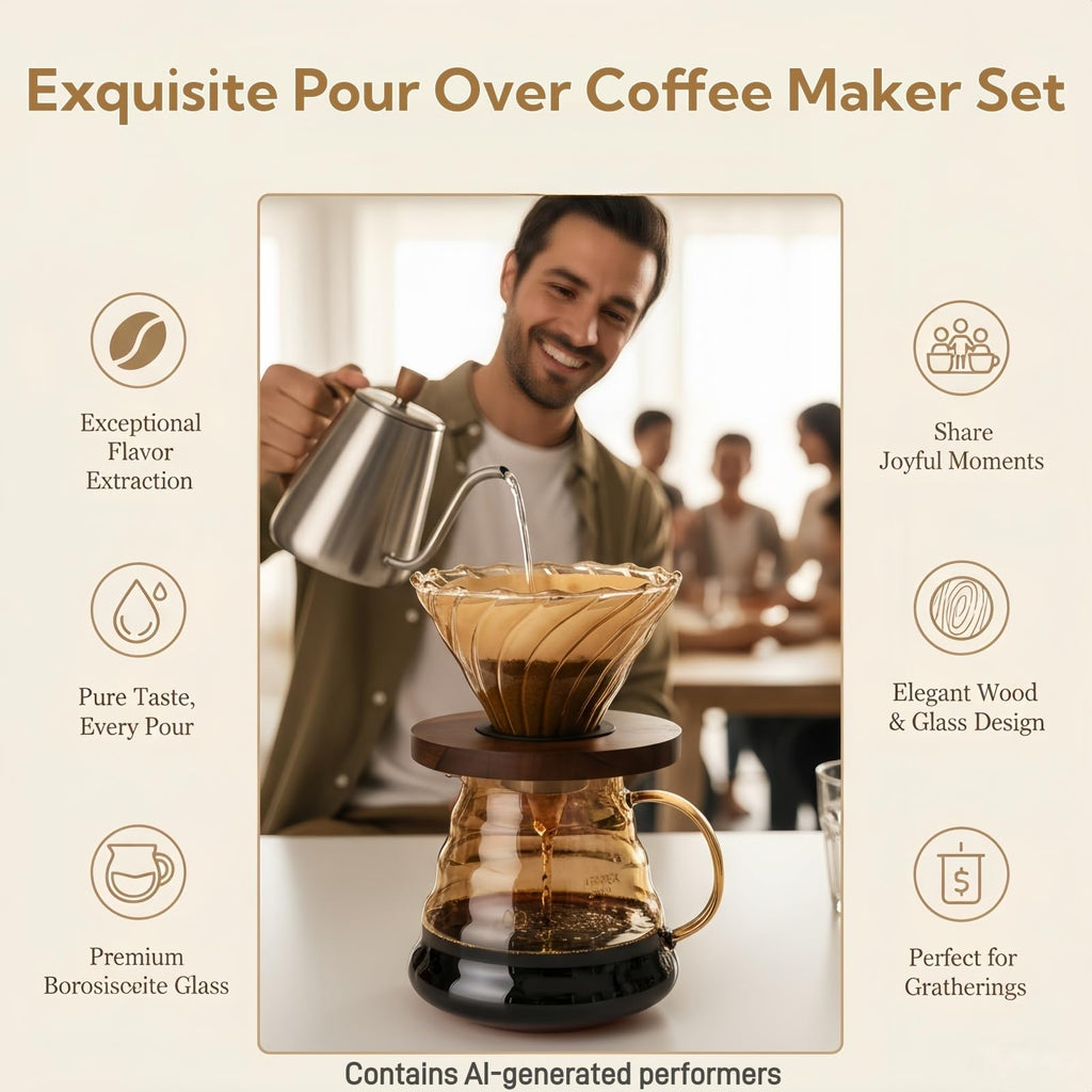 CHDEXU Pour Over Coffee Maker Set 20 oz, 600 ml Borosilicate Glass Coffee Server with Glass Lid, 50 pcs Paper Filter, Walnut Handle Pour Over Coffee Dripper for Home Café Restaurant, Gold