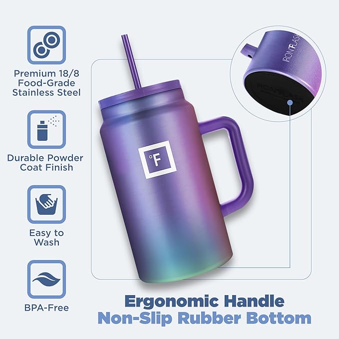 IRON °FLASK Co-Pilot Insulated Mug w/Straw & Flip Cap Lids - Cup Holder Bottle for Hot, Cold Drink - Leak-Proof - Water, Coffee Portable Travel Mug - Black, 50 Oz