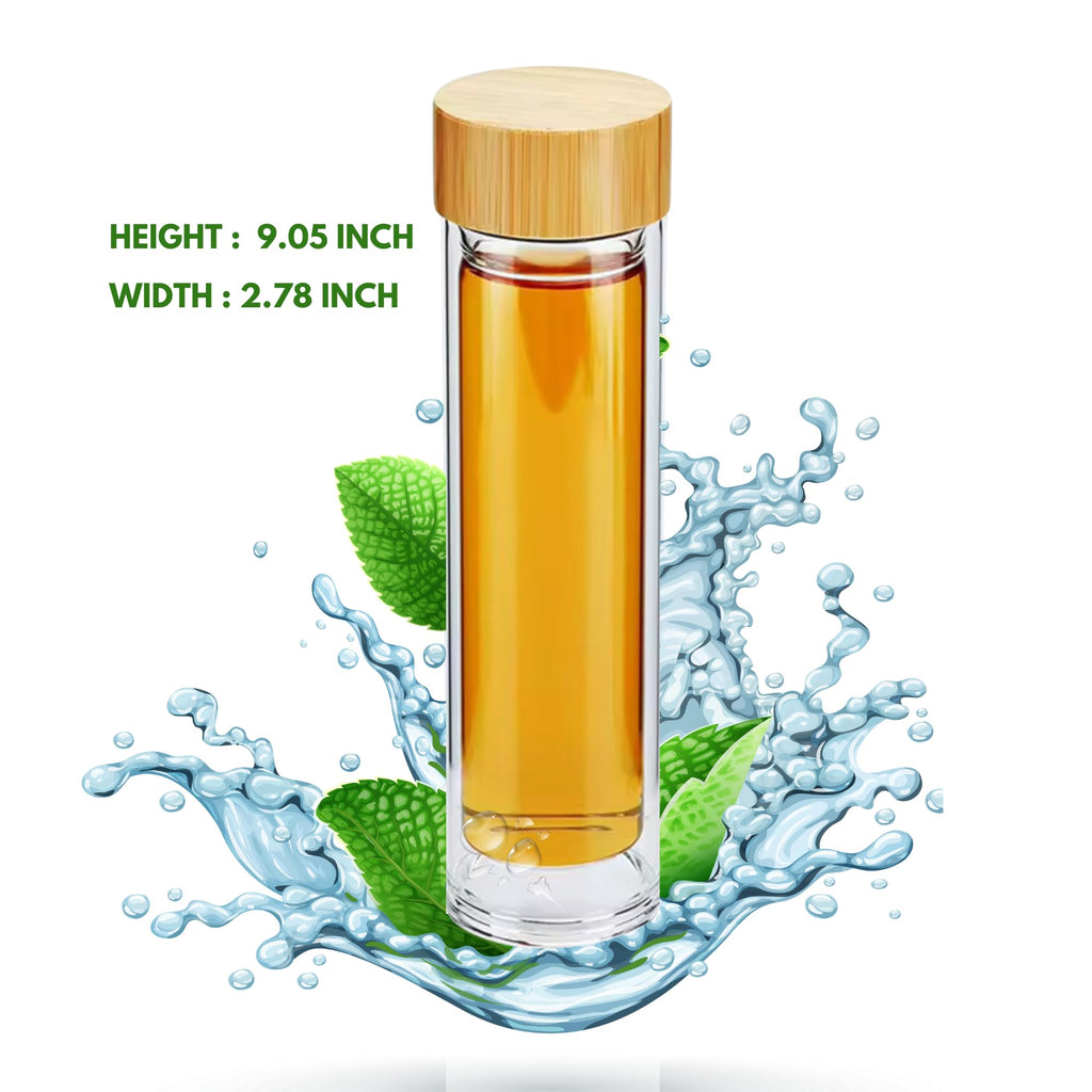 15oz Double Wall Glass Water Bottle with Bamboo Lid and Tea Infuser – Insulated, Leak-Proof, and Eco-Friendly Travel Tea Mug with Filter for Hot or Cold Beverages
