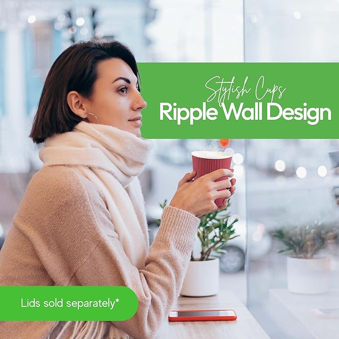 Restaurantware 12 Ounce Ripple Wall Disposable Coffee Cups, 500 Insulated Crimson Paper Tumblers with Rolled Rim Design, Lids Sold Separately for Hot Drinks like Tea, Hot Chocolate and More