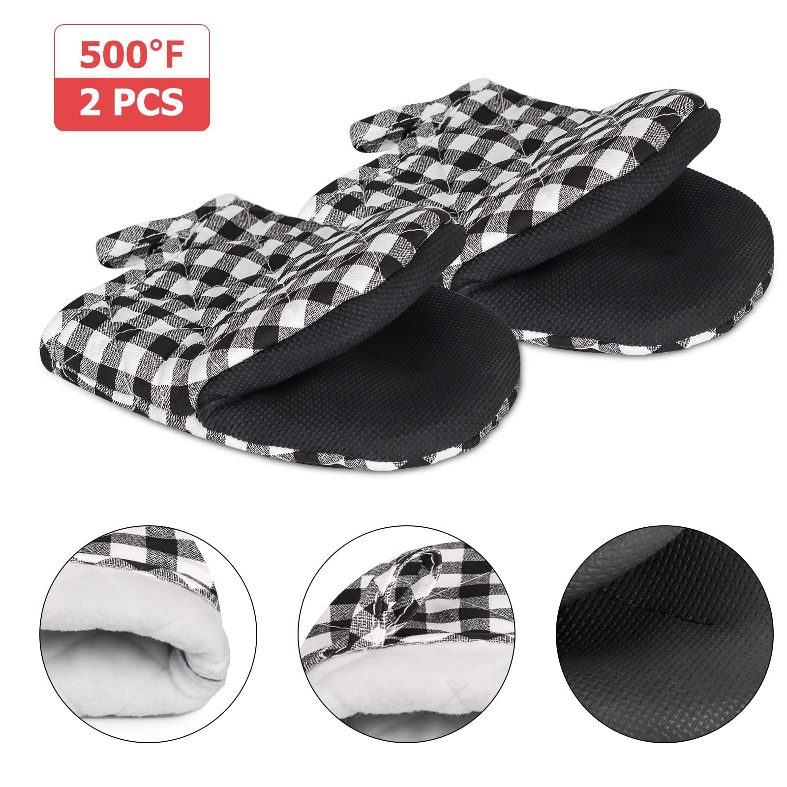 Short Oven Mitts, Heat Resistant 500°F, Silicone Grip Kitchen Gloves, Non-Slip for Baking, Grilling, BBQ, Machine Washable with Hanging Loop, 2-Pack Set, Black and White Plaid