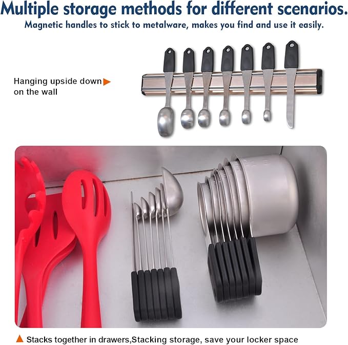 Magnetic Measuring Cups Set, 7 Pieces 18/8 Stainless Steel Stackable Nesting Heavy Duty Metal Measure Cups, Color Silicone Handle Kitchen Tools for Dry and Liquid Ingredients (14, Black)