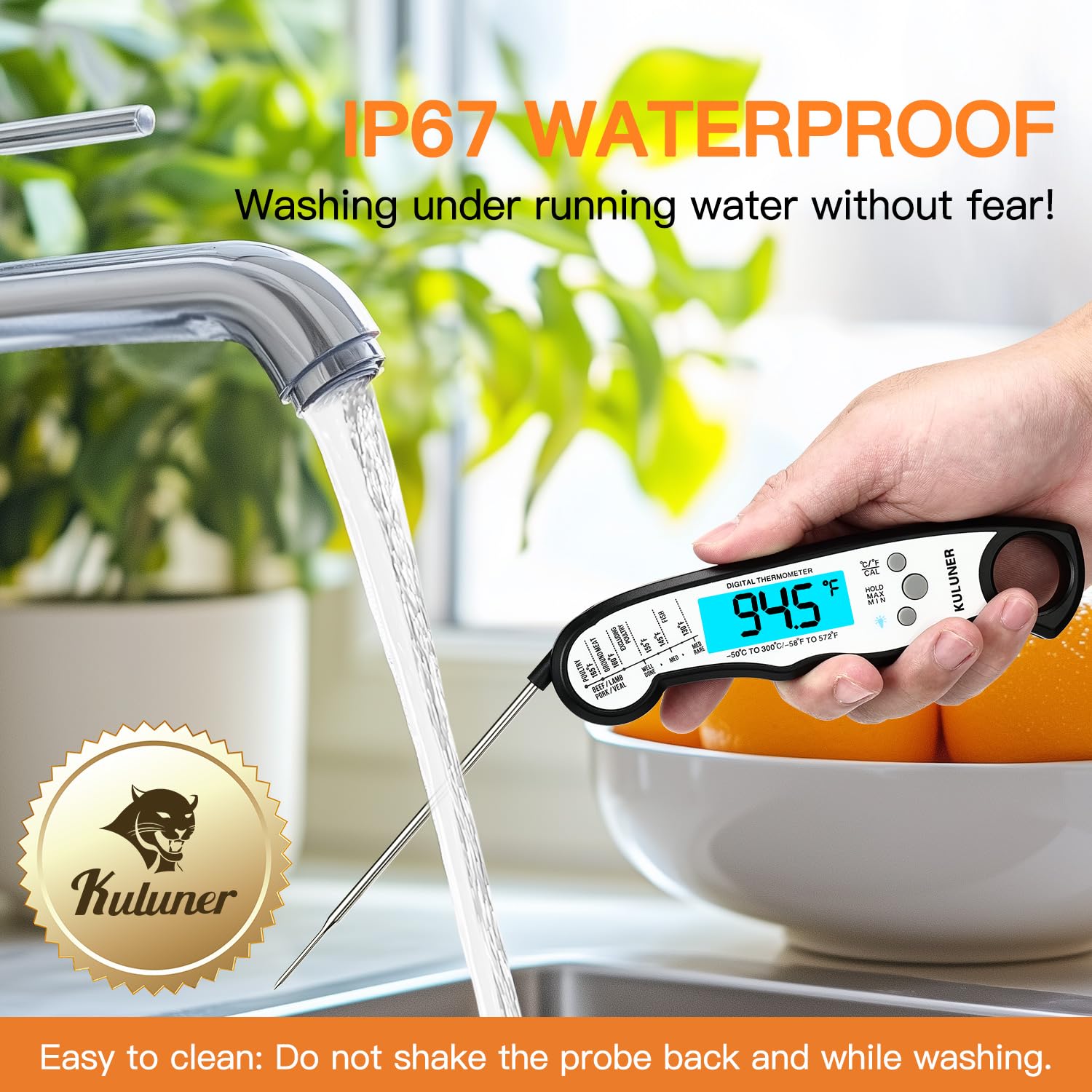KULUNER Instant Read Food Thermometer, White Waterproof Digital Meat Thermometer with 4.6" Folding Probe, Backlight & Calibration, 2-3s Fast Reading for Kitchen Baking Grilling Cooking - White