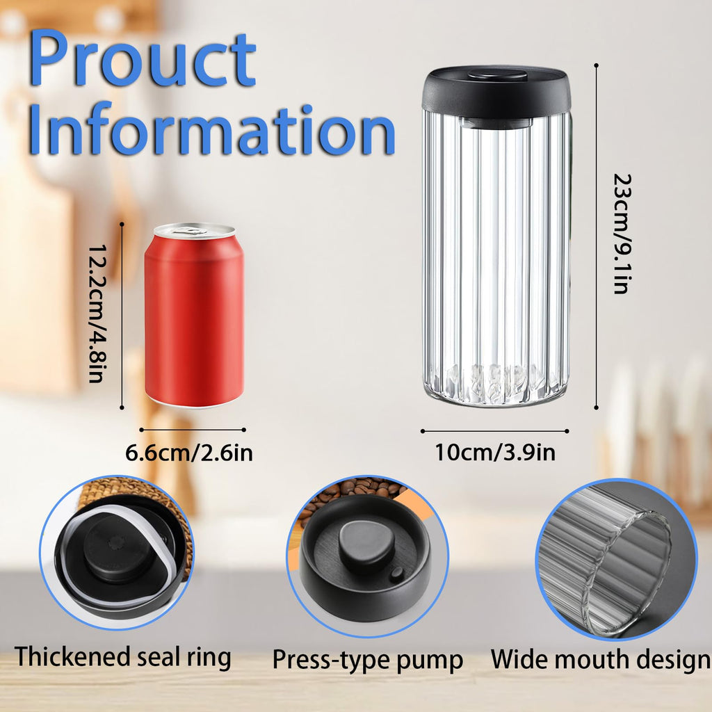 HelpyLife Vacuum Coffee Canister,2PCS 61FLOZ Borosilicate Glass Jar with Spare Airtight lid, Label and Brush, Coffee Bean Storage for Coffee Beans & Grounds Coffee(Clear Glass)