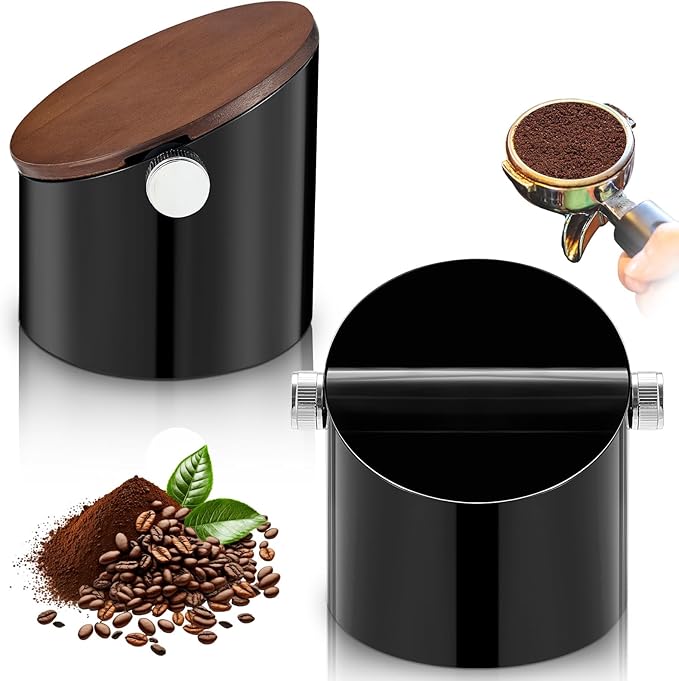 Reallnaive 5.3in Espresso Knock Box with Lid, Black, Round
