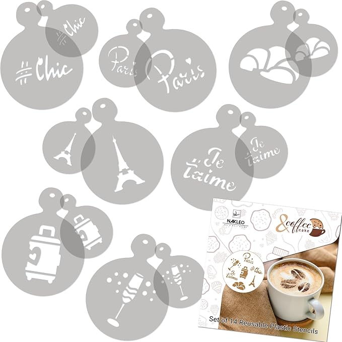 NAKLEO Coffee Stencils and Cookies Decoration 14Pcs 2.8”x2.8” and 4.3”x4.3”, Reusable Plastic Baking Templates, Barista DIY Art Craft, Capuccino Latte Chocolate Cake Biscuit