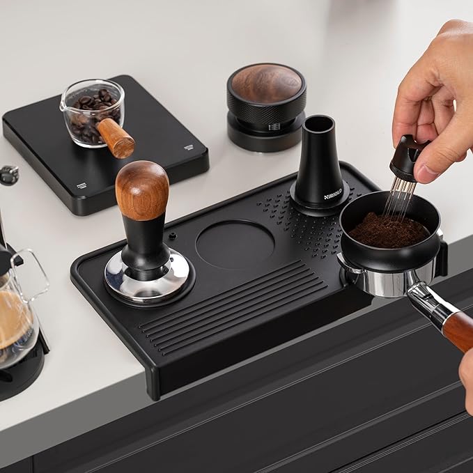 Espresso Tamping Mat, Coffee Tamper Mat, Food Grade Silicone 10.43″×5.63″ Portafilter Mat for Barista Espresso Machine Acceessories, Waterproof Heat Resistant Tamp Station for counter (Black)