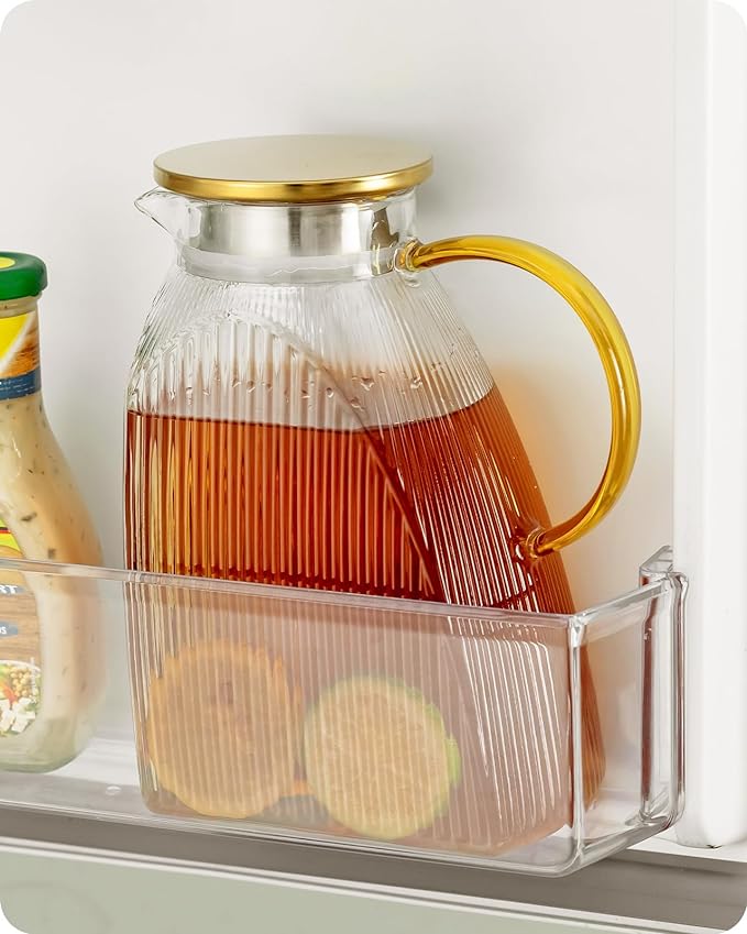 Baffect Water Pitcher, High Borosilicate Glass Jug with Stainless Steel Lid, Leakproof Fridge Door Carafe for Hot or Cold Beverage Vertical Pattern (1.8 L/63 oz.)