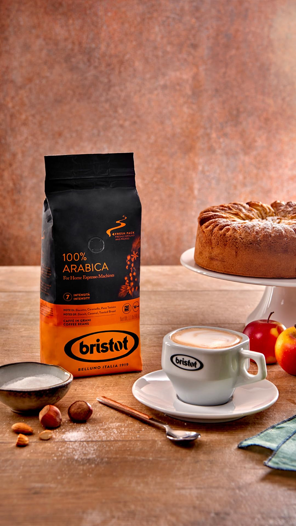 Bristot 100% Arabica Italian Espresso Beans – Medium Roast Coffee – Smooth & Aromatic with Notes of Biscuit, Caramel & Toasted Bread – 1.1 lb (500 g)