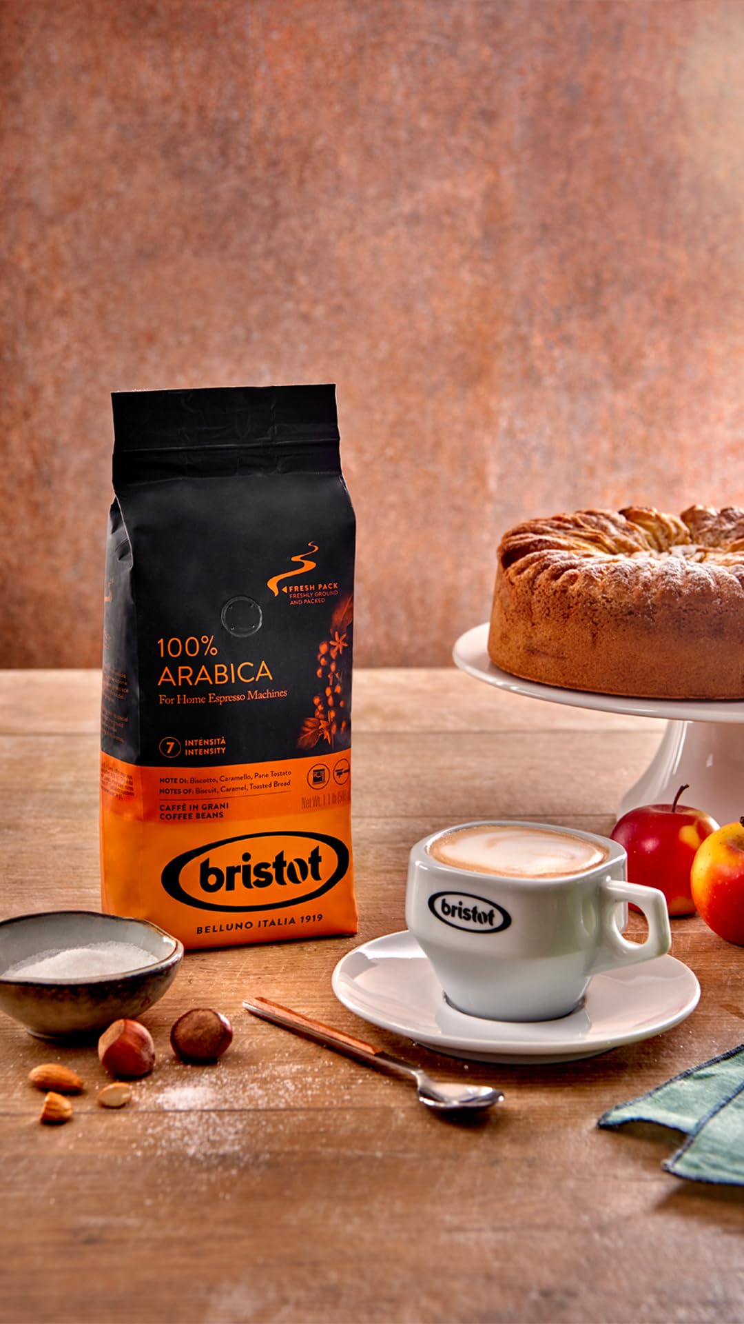 Bristot 100% Arabica Italian Espresso Beans – Medium Roast Coffee – Smooth & Aromatic with Notes of Biscuit, Caramel & Toasted Bread – 1.1 lb (500 g)