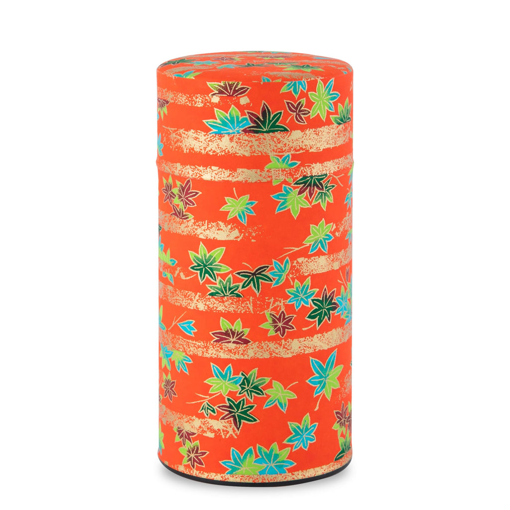 NOREN Japanese Tea Canister Tin (Yuzen Washi Paper - Autumn leaves/Red), 7.06oz Size/Made in JAPAN with Includes Inner Lid of Airtight Damp-Proof/Kitchen Jar for Loose Leaf Coffee Tea Spice and More