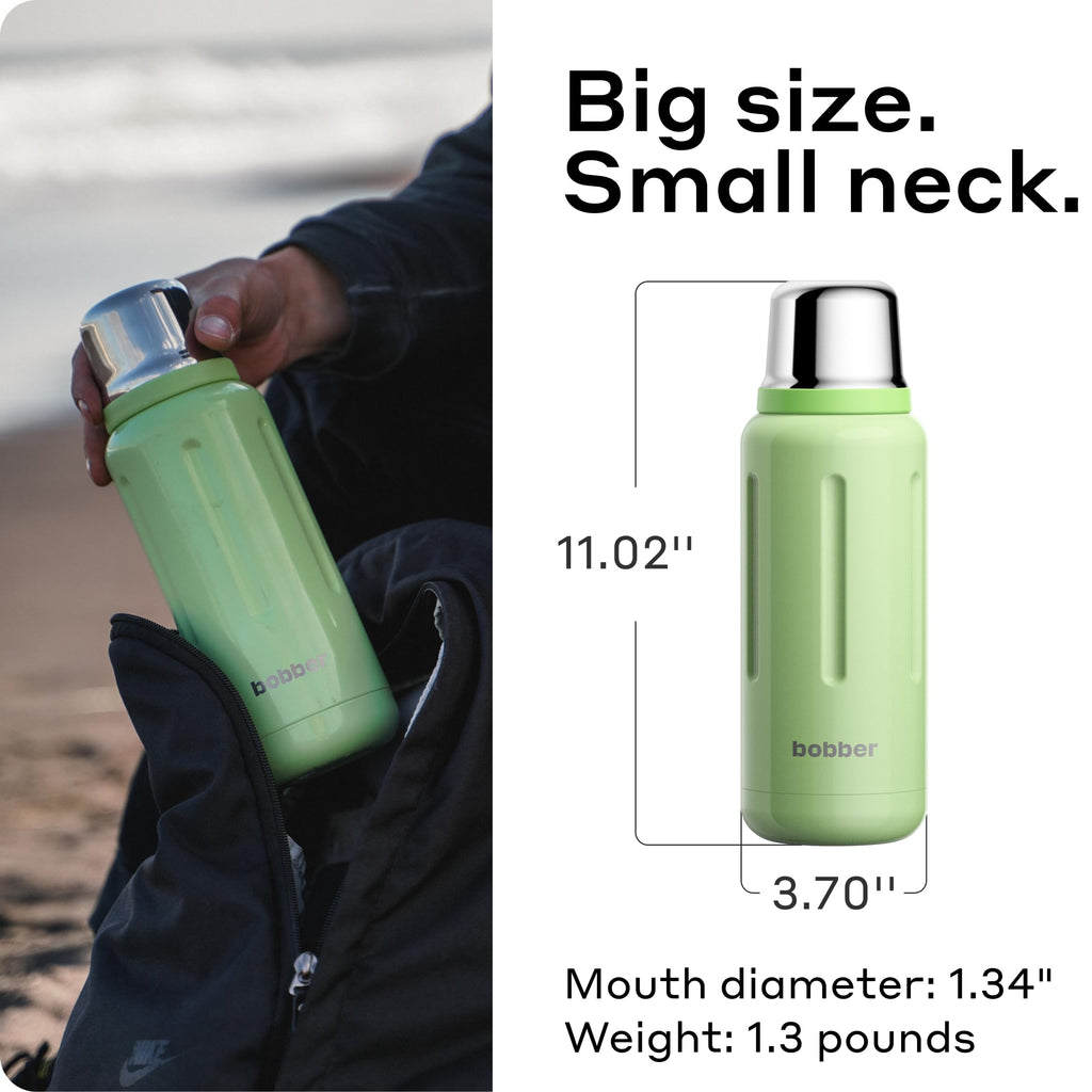 BOBBER 34 oz / 1 Liter Stainless Steel Travel Thermo Flask for Hot and Cold Drinks – Dishwasher Safe Metal Water Bottle with Cup Lid – Keeps Hot for 48 Hours – BPA-Free, Vacuum Insulated (Mint Cooler)