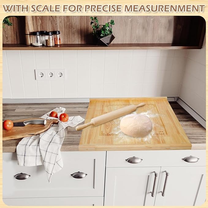 Reversible Wooden Pastry Board, 24" x 20" Wooden Cutting Board with Lip, Pastry Board Cutting Board Chopping Board Pie Board with Engraved Ruler for Counter Top Kitchen