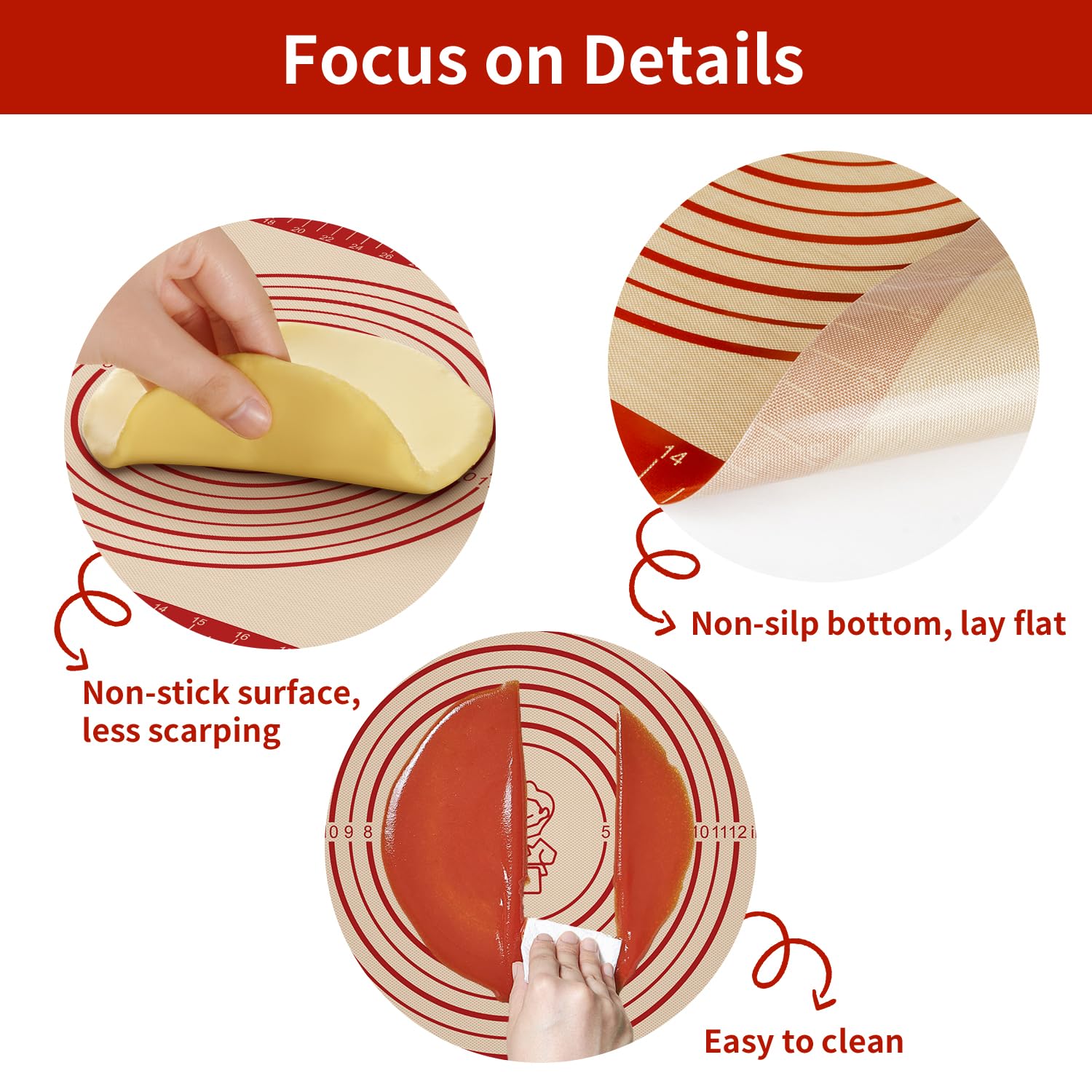 Non Stick Silicone Pastry Mat, Dough Mat for Rolling, Food-grade Reusable Baking Mat Fondant Mat Nonslip Kitchen Mat for Counter Oven Mat for Making Cookies Macarons Bread Pizza