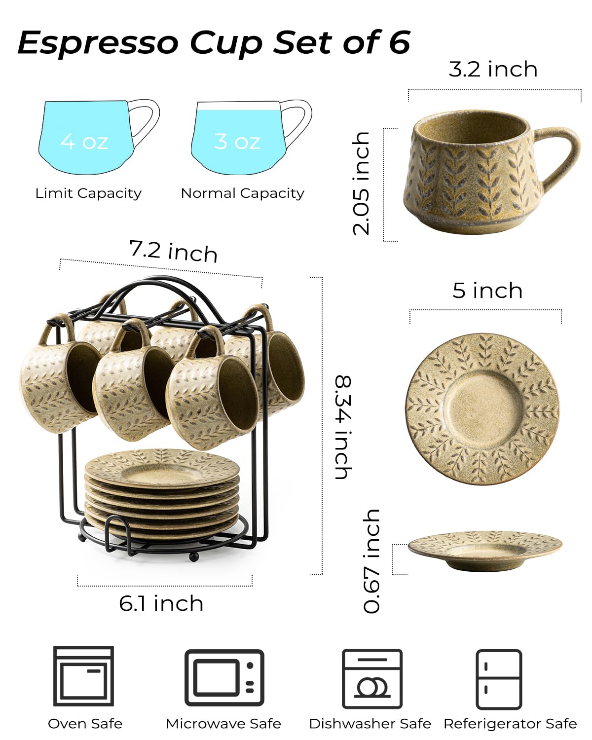 KOKUNKA Espresso Cups Set with Saucer and Metal Stand, Porcelain Small Demitasse Cups Cappuccino Cups for Espresso, Latte, Cafe Mocha, Cappuccino, and Tea, 4 oz, Set of 6, Yellow