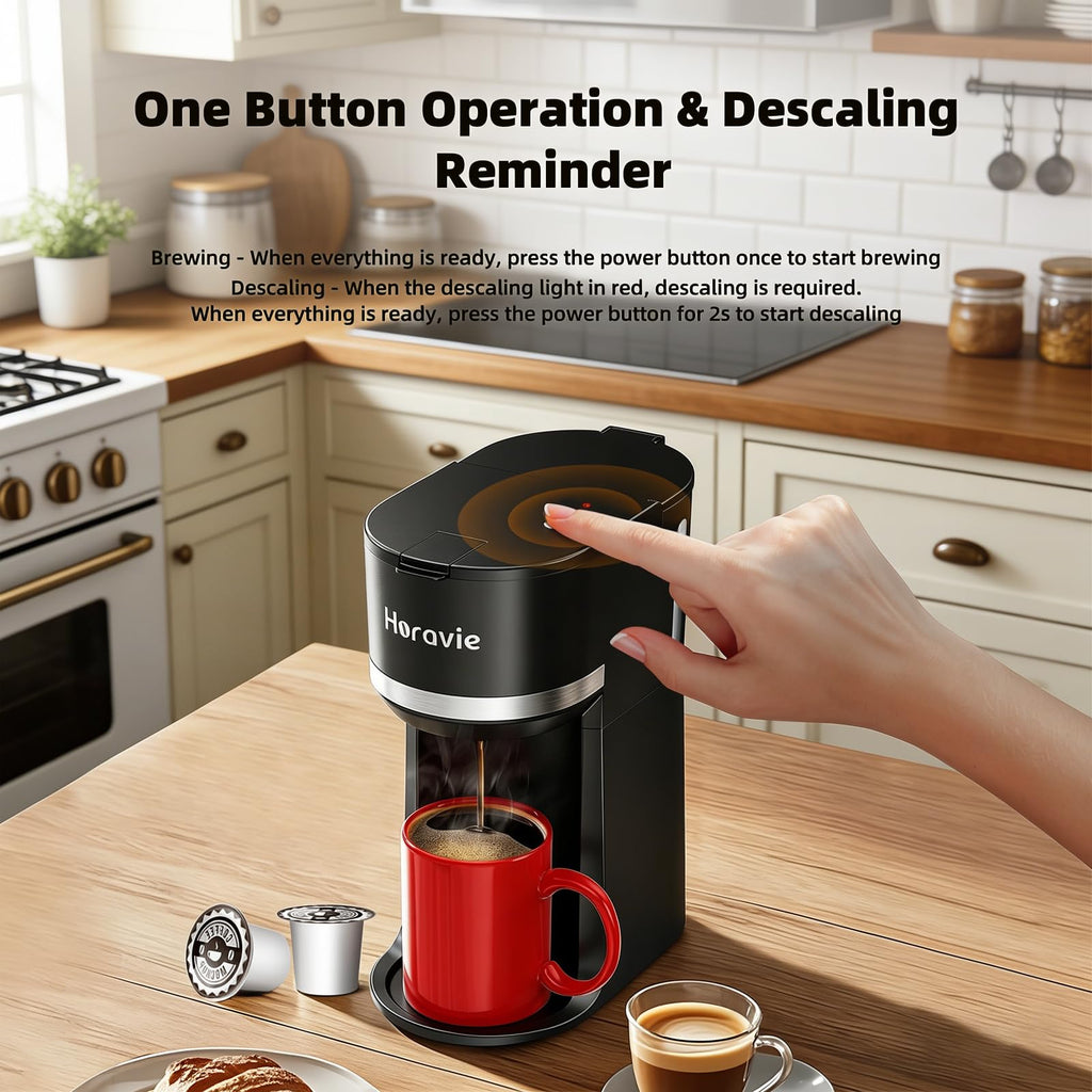 Horavie Small Single Serve Coffee Maker for K Cup and Grounds, Fast Brew One Cup Coffee Machine with One Button, 6 to 12 oz. Brew Sizes, Perfect for Home and Travel, Black