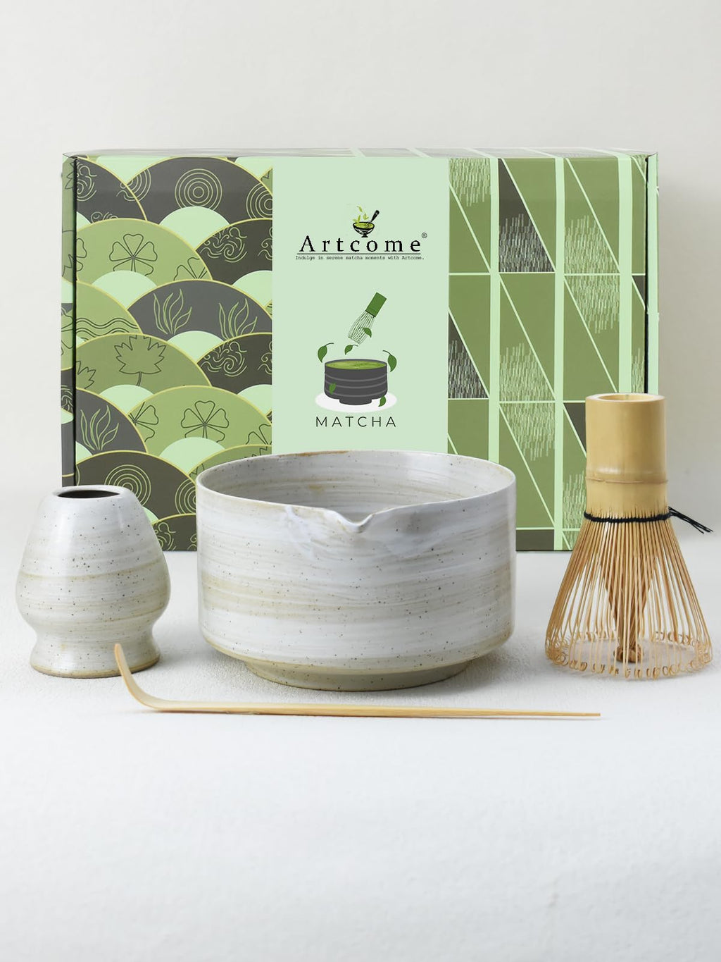 Artcome Matcha Bowl Set with Spout – Handmade Ceramic Chawan, Bamboo Whisk, Whisk Holder, Tea Scoop, and Matcha Manual – Japanese Tea Ceremony Set