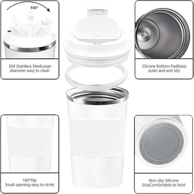 YINBAOGE Insulated Travel Coffee Mug Spill Proof Leak Proof Pobtable To Go Camping Stainless Steel Coffee Tumbler Reusable Coffee Cups with Lids Thermos for Hot and Cold Drink (White, 12 OZ)