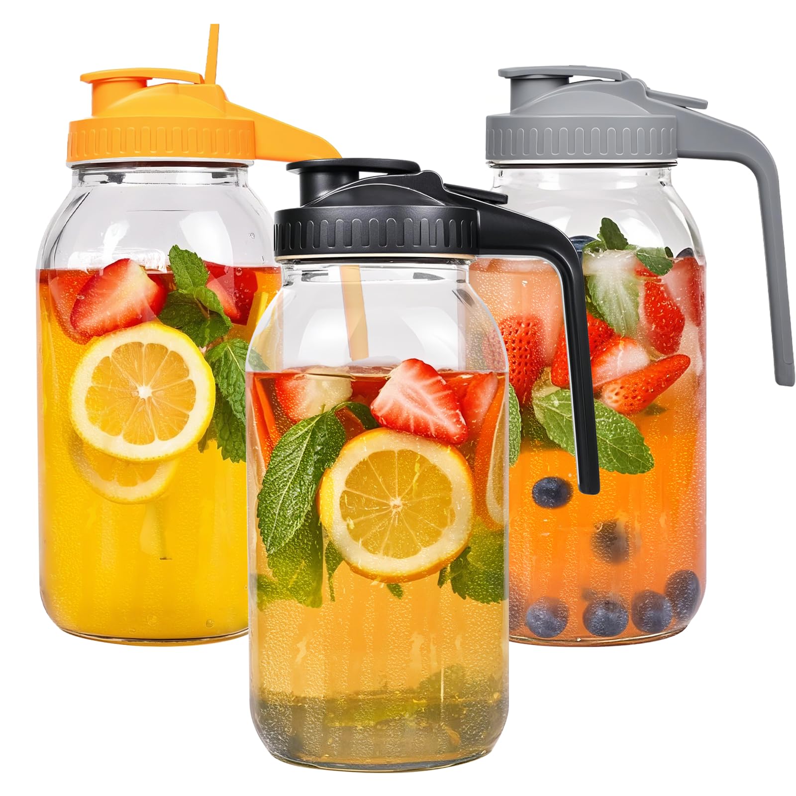 3 Pack 64oz Glass Mason Jar Pitcher with Airtight Lid and Handle – Wide Mouth, Leak-Proof, Ideal for Sun Tea, Cold Brew, Lemonade, Iced Coffee, Milk, and Water