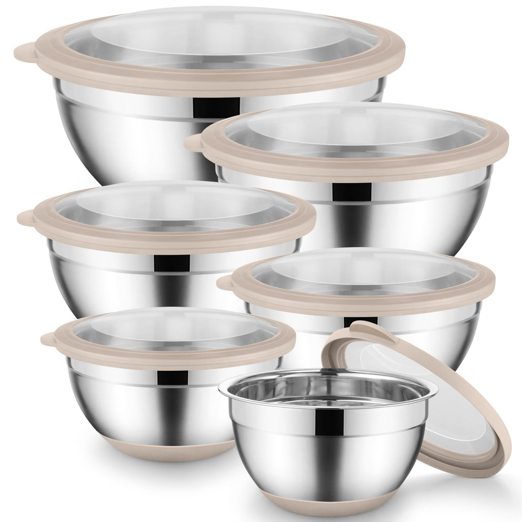 Onader Mixing Bowls with Lids Set of 6, Large Metal Nesting Mixing Bowls, Stainless Steel Non-Slip Salad Bowl Khaki – Size 0.7, 1, 1.5, 2, 2.6, 4.6QT