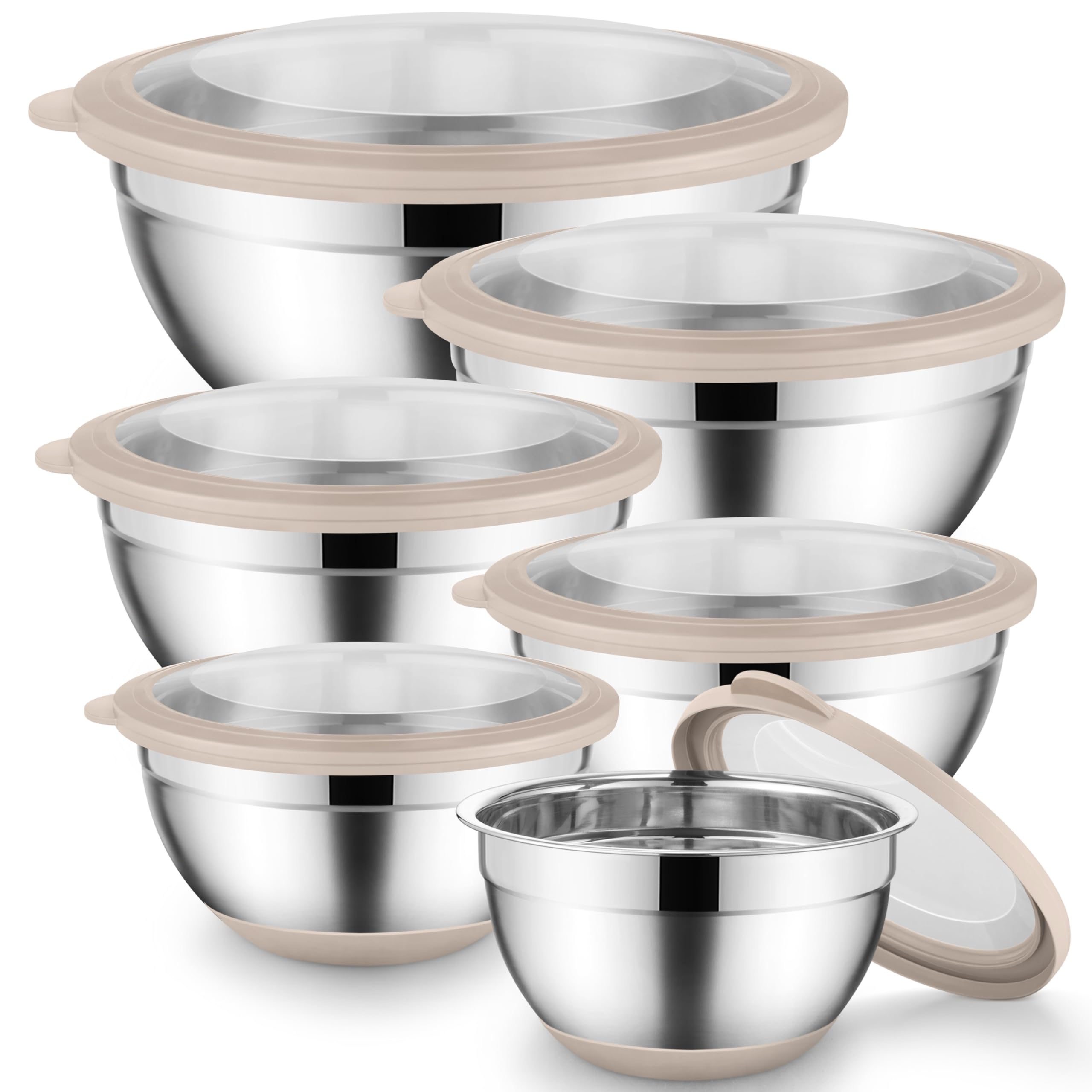 Onader Mixing Bowls with Lids Set of 6, Large Metal Nesting Mixing Bowls, Stainless Steel Non-Slip Salad Bowl Khaki – Size 0.7, 1, 1.5, 2, 2.6, 4.6QT