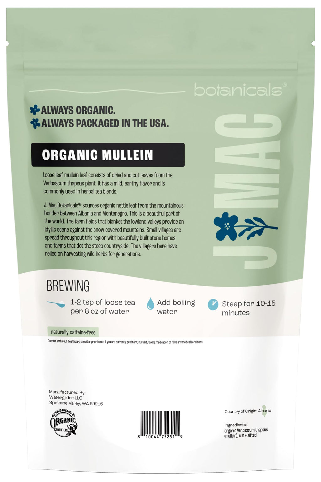 J Mac Botanicals Organic Mullein Leaves (4 oz) Certified USDA Organic Loose Leaf Herbal Tea