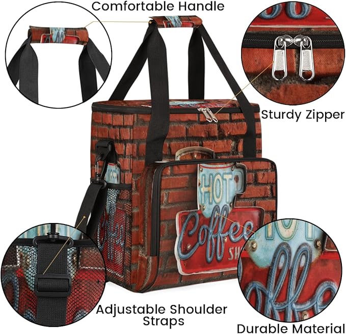 Vintage Red Brick Coffee Maker Carring Bag Travel Carrying Storage Tote Compatible with Keurig K-Mini or Plus Portable Single Serve Brewer Case Pockets for K-cup Pods