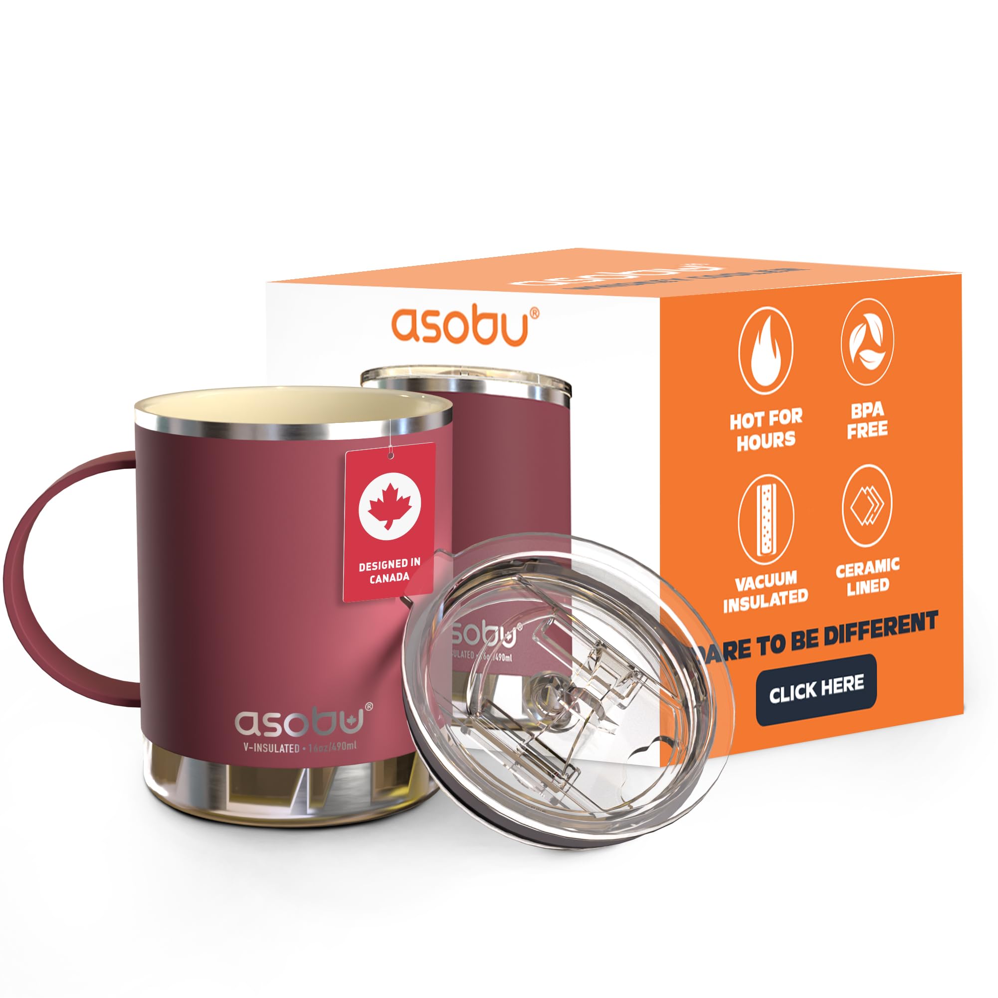 asobu Ultimate Ceramic Travel Mug, 12oz Insulated Stainless Steel Coffee Cup with Handle & Splash-Resistant Lid, Ceramic Lined for Pure Taste, BPA-Free, Double-Wall Vacuum for Hot Drinks