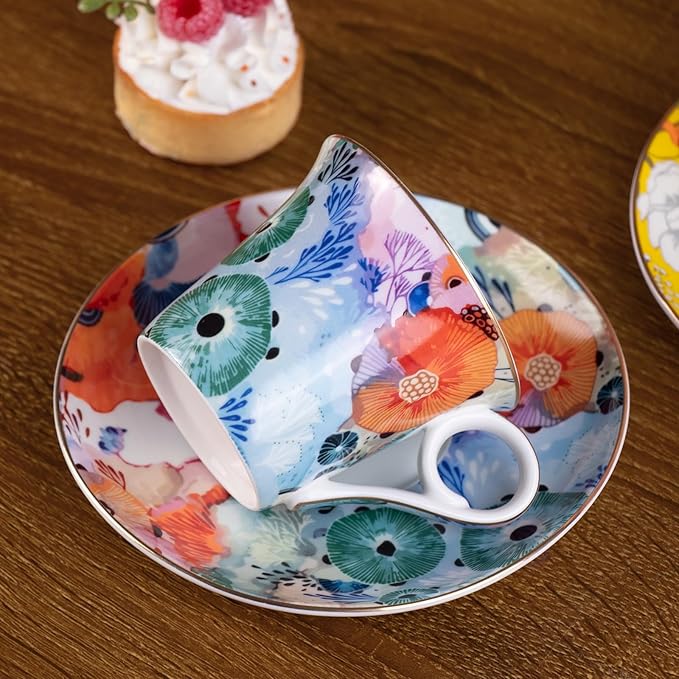KAMMAK Tea Cups and Saucers Set of 2, Reinforced Porcelain Coffee Cups, 5.7-Ounce Stackable Espresso Mugs, Ceramic Demitasse for Coffee, Cappuccino, Latte, Americano, Tea, Coral + Bee Flower