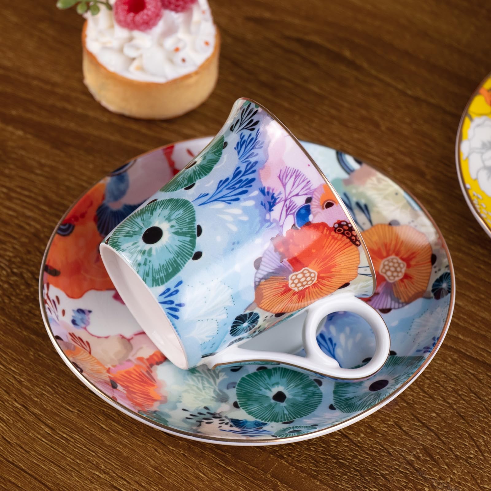 KAMMAK Tea Cups and Saucers Set of 2, 5.7 oz Porcelain Coffee Cups, 567N
