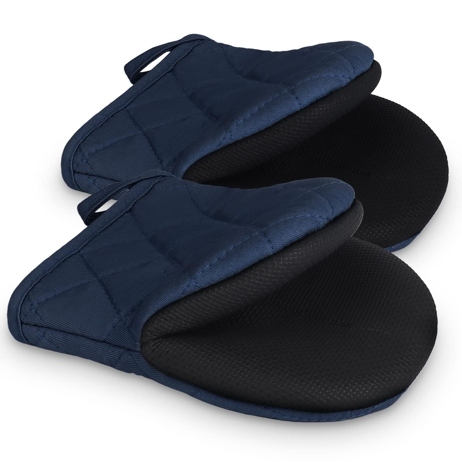 Short Oven Mitts, Heat Resistant 500°F, Silicone Grip Kitchen Gloves, Non-Slip for Baking, Grilling, BBQ, Machine Washable with Hanging Loop, 2-Pack Set, Navy Blue