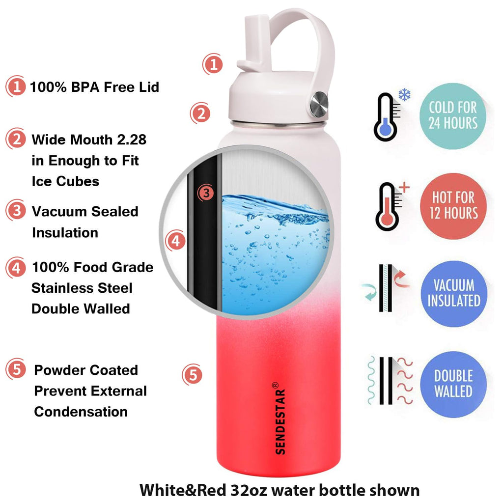 SENDESTAR Water Bottle 32oz Double Wall Vacuum Insulated Leak Proof Stainless Steel Sports Water Bottle—Wide Mouth with New Flex Straw Lid & Spout Lid (White&Red)