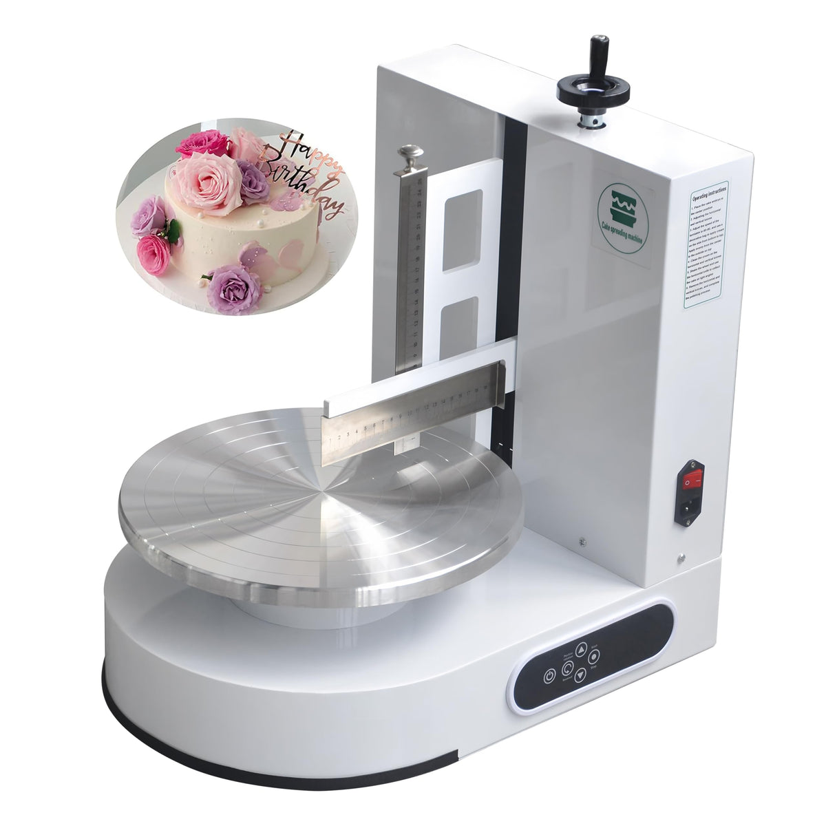 Semi Automatic Birthday Cake Smoothing Coating Machine, AC110V 6-14in Cake Cream Spreading Machine, Cakes Decorating Cream Coating Machines Turntable with Graduated Scraper, Baking Supplies (White)