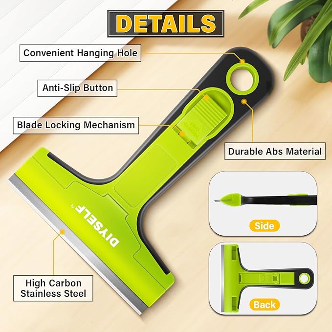 DIYSELF Razor Blade Scraper, 1 PCS Razor Scraper with Handle, Razor Blade Scraper Tool for Glass, Window Scraper with 10 PCS 4″ Blades, Razor Scraper Tool for Cleaning Stovetop, Oven, Shower Glass