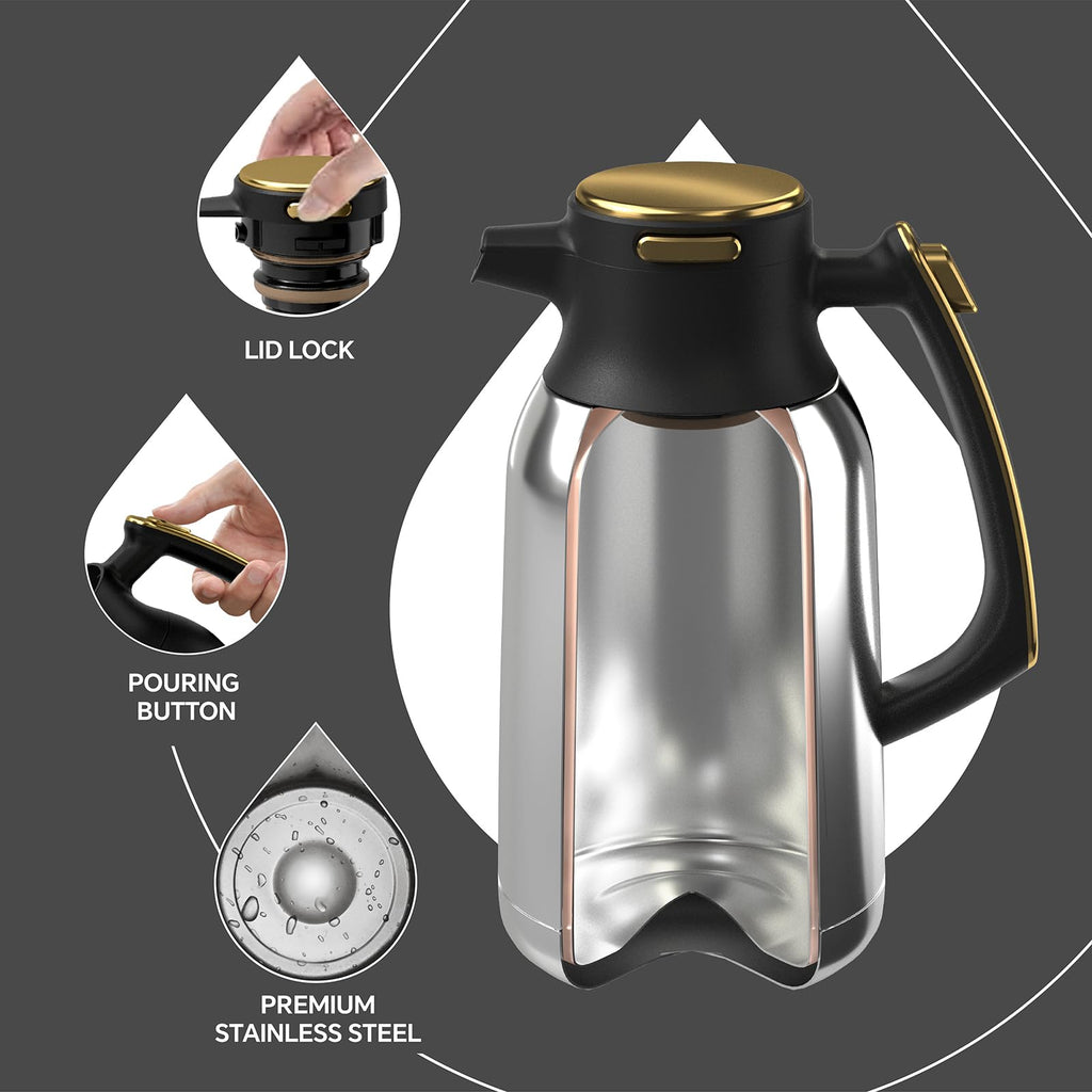 IDEUS Thermal Coffee Carafe, Stainless Steel Double Wall Insulated Vacuum Flask, Water Jug Coffee Server and Beverage Dispenser, Heat and Cold Retention (Black-Gold, 68, Fluid Ounces)